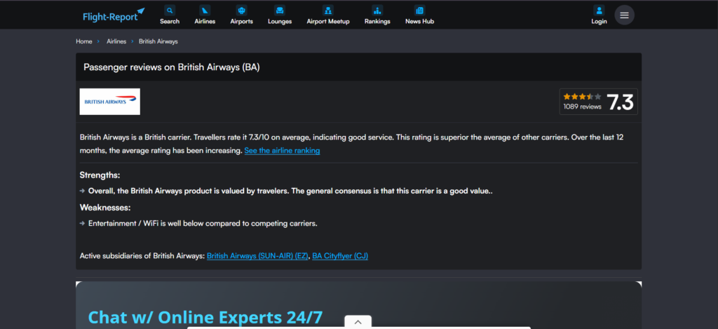 Flight-Report British Airways Rating Page